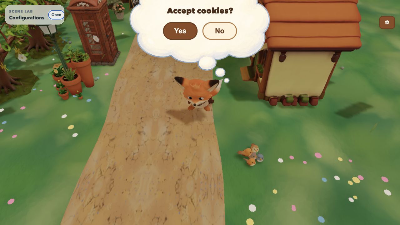 Image 6: Foxy standing in the growing village beneath an oversized thought bubble asking whether to accept cookies